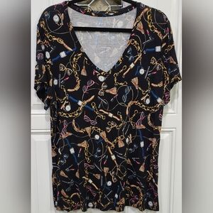 Apt. 9 Black Vneck Blouse Makeup, Sunglasses And Horse Bridle Print Women's XL